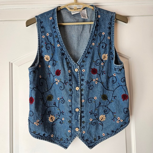 Bobbie Brooks Jackets & Blazers - Vtg Bobbie Brooks Embroidered Floral Denim Vest Large Blue Cottage Garden Button